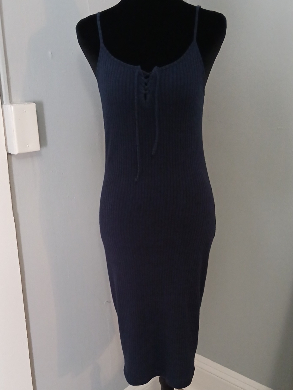 Roxy Navy Ribbed Lace-Up Knit Midi Dress